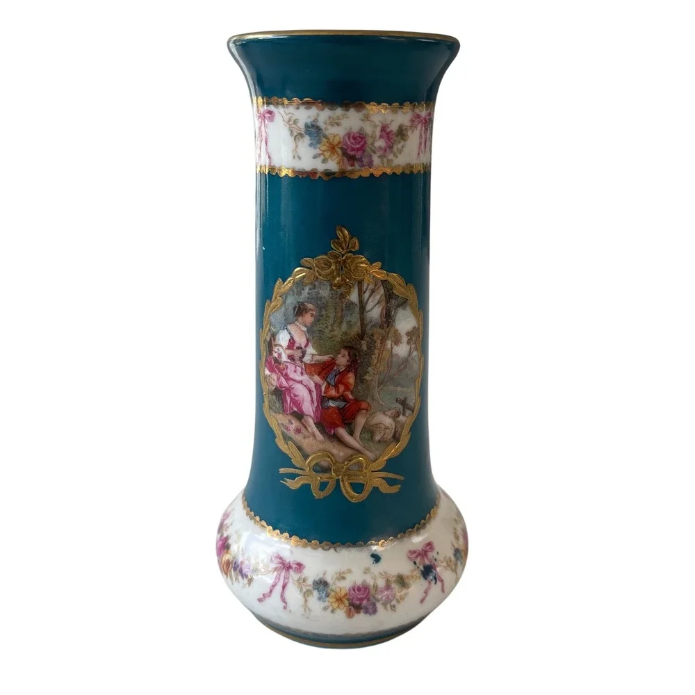 Vintage Teal Porcelain Bud Vase Fragonard Courting Scene Gold Gilt Floral 5.25in